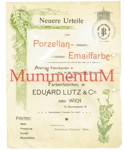 Porzellan-Emailfarbe Eduard Lutz WIEN PRESSBURG CASSEL PHILADELPHIA - Reklame