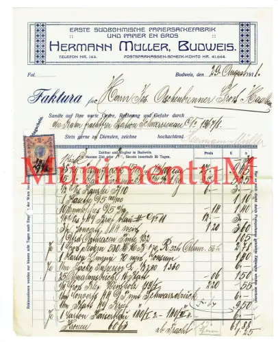 Erste südböhm. Papiersäckefabrik Hermann Müller BUDWEIS i. BÖHMEN Rechnung 1911