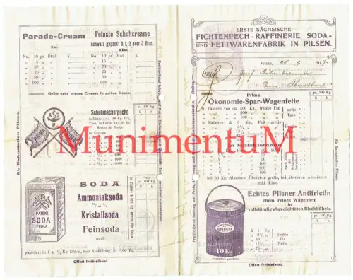 Fichtenpech-Raffinerie Soda- Fettwarenfabrik PILSEN i. BÖHMEN - Rechnung 1917