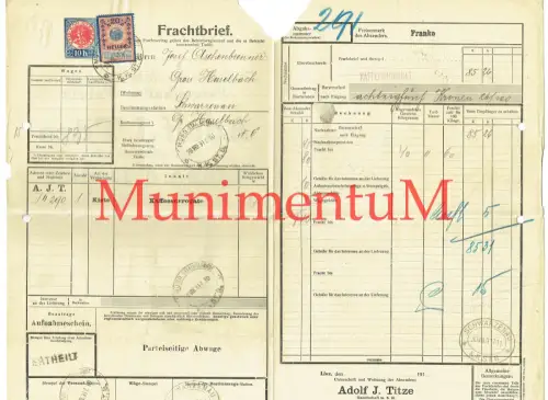 Frachtbrief Feigenkaffee-Fabrik Adolf J. Titze LINZ Donau 1917(?) n. SCHWARZENAU