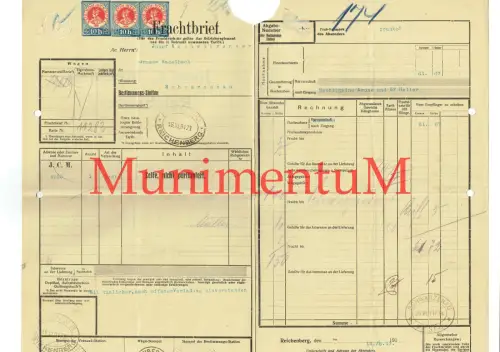 Frachtbrief J. Meissner REICHENBERG Sudetenland Böhmen 1917 n. GROSS HASELBACH