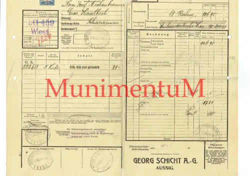 Frachtbrief 1917 Schreckenstein-Schichtwerke Georg Schicht AG AUSSIG Sudetenland