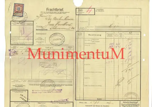 Frachtbrief 1917 Spedition B. Panyrek PILSEN i. BÖHMEN ü. SCHWARZENAU