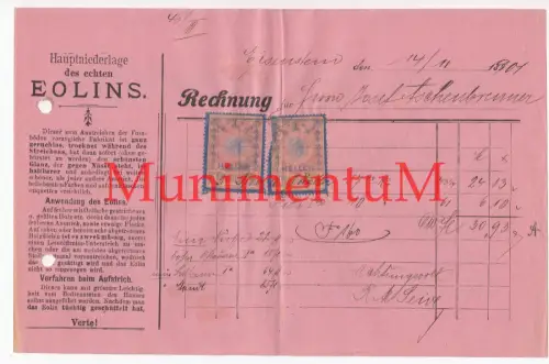 Eolins Fabrikat EISENSTEIN i. BÖHMEN - Rechnung 1901 für Herrn Aschenbrenner