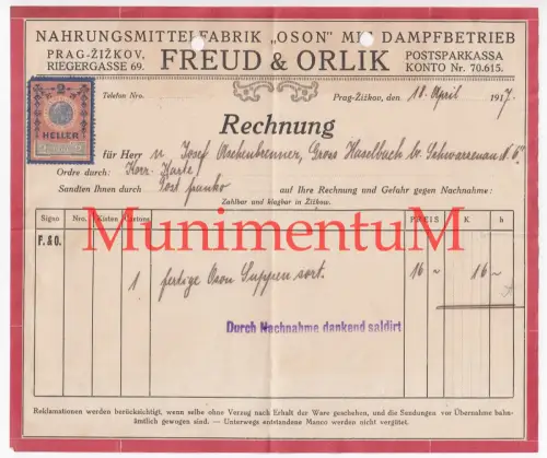 Nahrungsmittelfabrik Dampfbetrieb Oson Freud & Orlik PRAG ZISKOV - Rechnung 1917