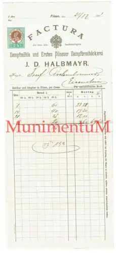 Dampfmühle & Dampfbrodbäckerei J. D. Halbmayr PILSEN i. BÖHMEN - Rechnung 1901