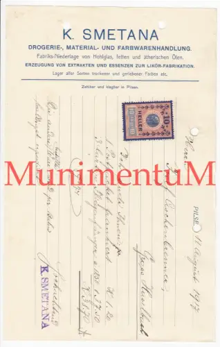 Drogerie, Material-Farbwarenhandlung  & K. Smetana PILSEN i BÖHMEN Rechnung 1917