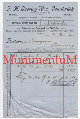 Feuerwerk J. H. Evering Witwe OSNABRÜCK - Rechnung 1904 Gesangverein NEMDEN