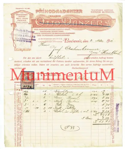 Schokoladenfabrik  Zuckerwaren Prihoda & Danzer BUSWEIS i. BÖHMEN Rechnung 1912