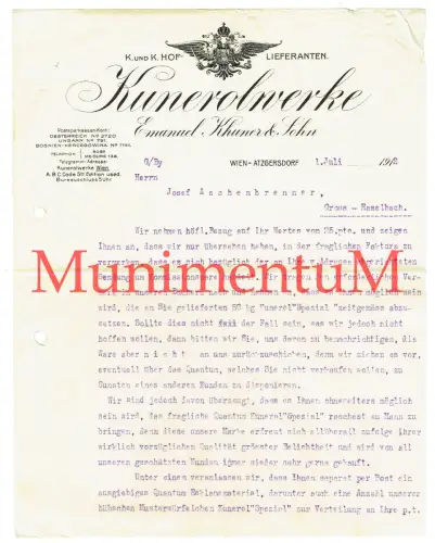 Kunerolwerke Emanuel Kuhner WIEN ATZGERSDORF kuk Hoflieferant - Schreiben 1912