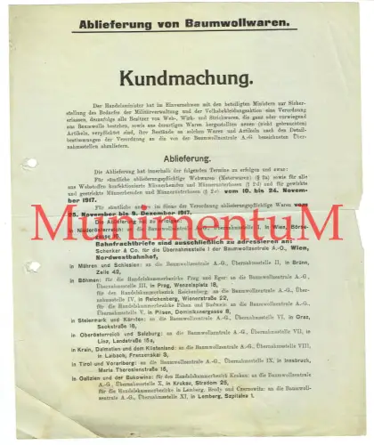 Kundmachung Ablieferung Baumwollwaren KuK-Monarchie 1. Weltkrieg  Militärbedarf