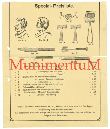 Küchenutensilien Fabrik WEIßKIRCHLITZ b. TEPLITZ i. BÖHMEN - Preisliste 1910er?