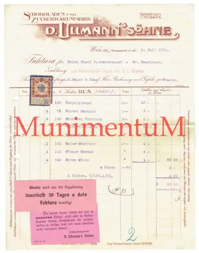 Schokoladen- & Zuckerwarenfabrik D. Ullmann's Söhne WIEN - Rechnung 1912