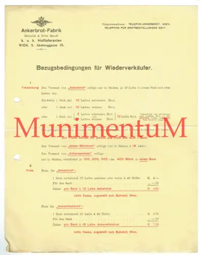 KuK Hoflieferant Ankerbrot-Fabrik Heinrich & Fritz Mendl WIEN - Preisliste