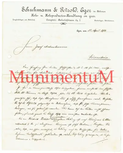 Holzhandlung Schuhmann & Petzold EGER i. BÖHMEN - 4S. Schreiben 1901 EISENSTEIN