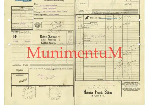 Frachtbrief 1917 Heinrich Franck Söhne LINZ Donau n. GROßHASELBACH SCHWARZENAU