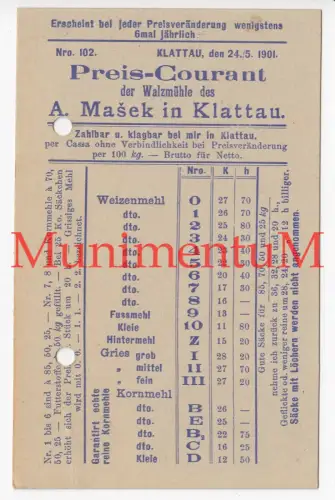 Walzmühle A. Masek KLATTAU i. BÖHMEN - Preisliste Reklame 1901 Sudetenland