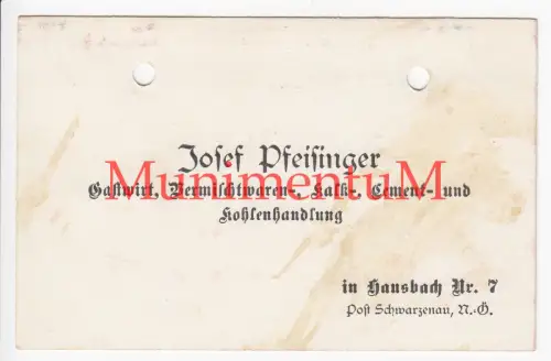 Gastwirt Kohlenhandlung Josef Pfeifinger HAUSBACH Post SCHWARZENAU Visitenkarte