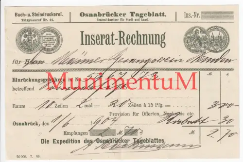 Osnabrücker Tageblatt Inseraten-Rechnung 1904 an Männergesangverein NEMDEN