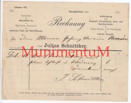 Floristik Julius Schnittker OSNABRÜCK  - Rechnung 190? an MGV NEMDEN