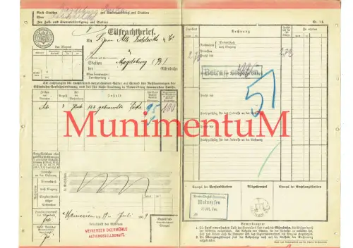 Eilfrachtbrief 1909 kgl. Eisenbahn-Dir. HANNOVER v. MEINERSEN Lüddecke MAGDEBURG