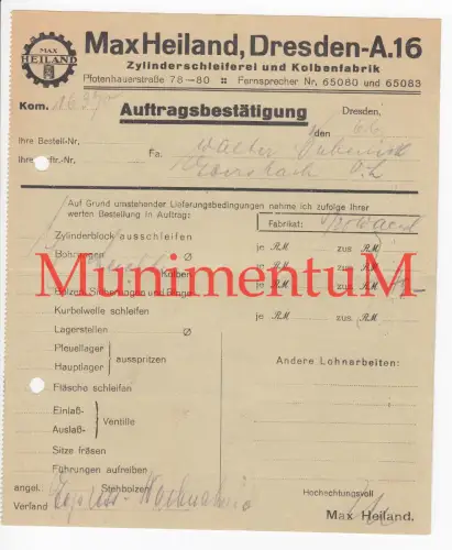 Zylinderschleiferei & Kolbenfabrik Max Heiland DRESDEN - Auftragsbestätigung
