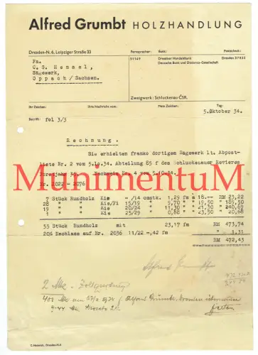 Holzhandlung Alfred Grumdt DRESDEN Zweigwerk SCHLUCKENAU - Rechnung 1934