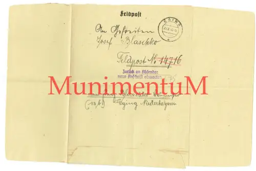 Feldpostbrief 1944 Inf.-Geschütz , Infanterie-Ersatz-Regiment 157 Blaschko EGING