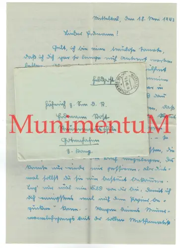 Feldpostbrief 1943 MITTELTAL n. Steuermannschule GOTENHAFEN Fähnrich z. See d.R.