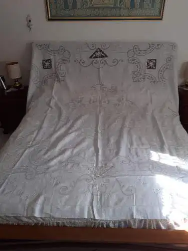 Antike majestätische Tagesdecke vollständig handgefertigt Leinen Filet ca 1930