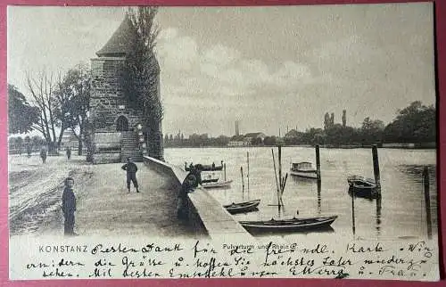 Ak Konstanz, Pulverturm und Rhein, gelaufen 1905
