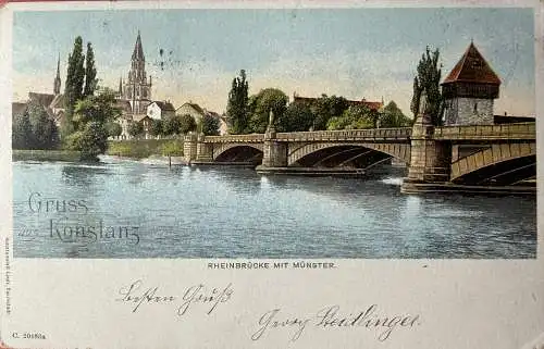 Ak Konstanz, Rheinbrücke mit Münster, gelaufen 1902