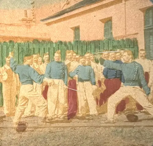 Carte stéréoscopique "Le Duel" french tissues c.1870 Tirage Albuminé