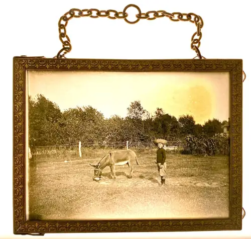 Photo Plaque de verre "le petit âne et l'enfant" cadre laiton 9 x 12 cm c 1880