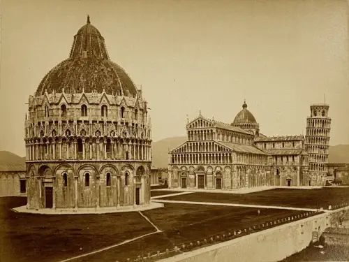 Fratelli ALINARI, Baptistère, Cathédrale et tour de Pise, Italie c. 1870 Vintage