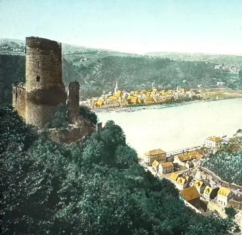 Ferrier et Soulier Plaque de verre peinte vue stéréo "Bord du Rhin"c.1875