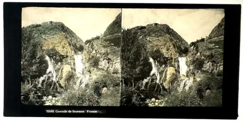 Ferrier et Soulier Plaque de verre peinte vue stéréo "Cascade de Sarenne" c.1875