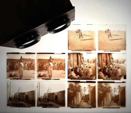 5 très belles plaques de verre stéréo Afrique et visionneuse circa 1910