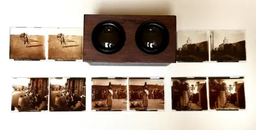 5 très belles plaques de verre stéréo Afrique et visionneuse circa 1910