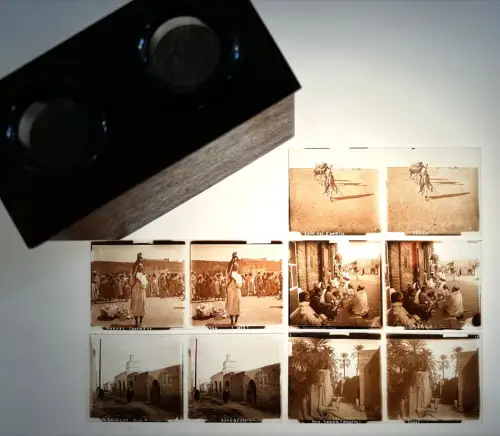 5 très belles plaques de verre stéréo Afrique et visionneuse circa 1910