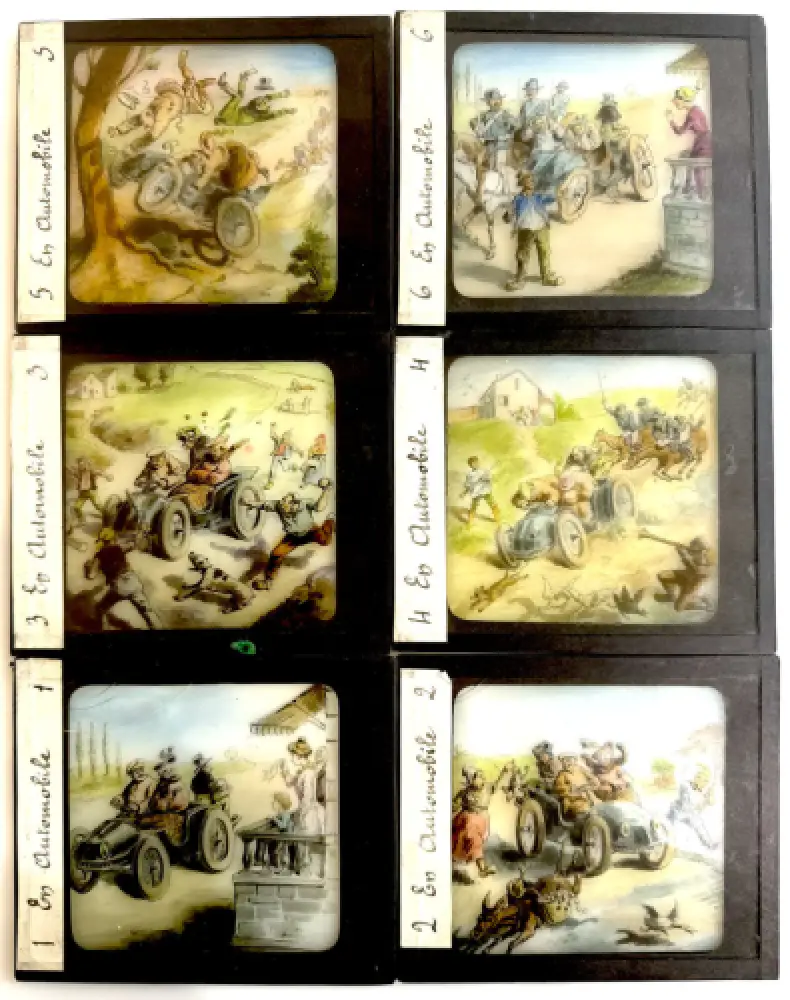 Lanterne magique avec 3 séries de plaques de verre humoristiques 1