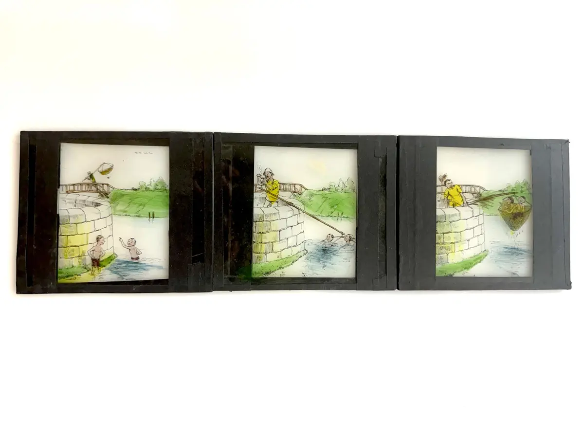 Lanterne magique avec 3 séries de plaques de verre humoristiques 2
