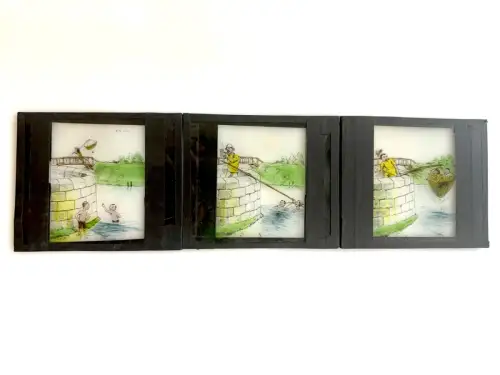 Lanterne magique avec 3 séries de plaques de verre humoristiques