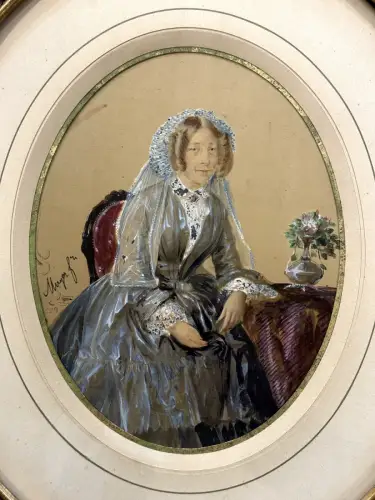 Portraits d'un couple élégant  par MAYER, photographie peinte c.1850