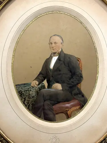 Portraits d'un couple élégant  par MAYER, photographie peinte c.1850