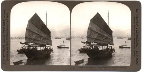 Vue stéréo tirage albuminé  Jonque chinoise, Hong-Kong - H. C. White Co. 1900
