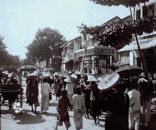 Plaque de verre vue stéréoscopique "Enterrement annamite" Indochine  c.1900