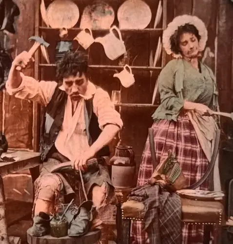 Carte stéréoscopique "Le cordonnier" french tissue c.1870 Tirage albuminé