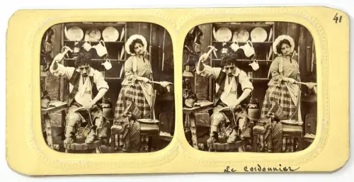 Carte stéréoscopique "Le cordonnier" french tissue c.1870 Tirage albuminé
