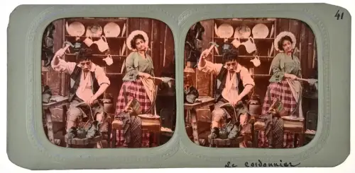 Carte stéréoscopique "Le cordonnier" french tissue c.1870 Tirage albuminé